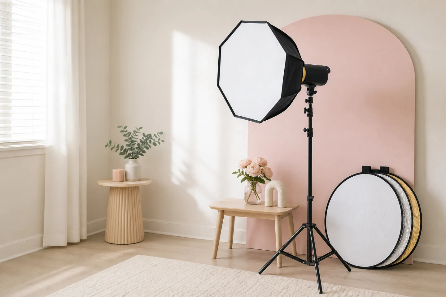 Illustrative home content studio with a softbox light and reflector