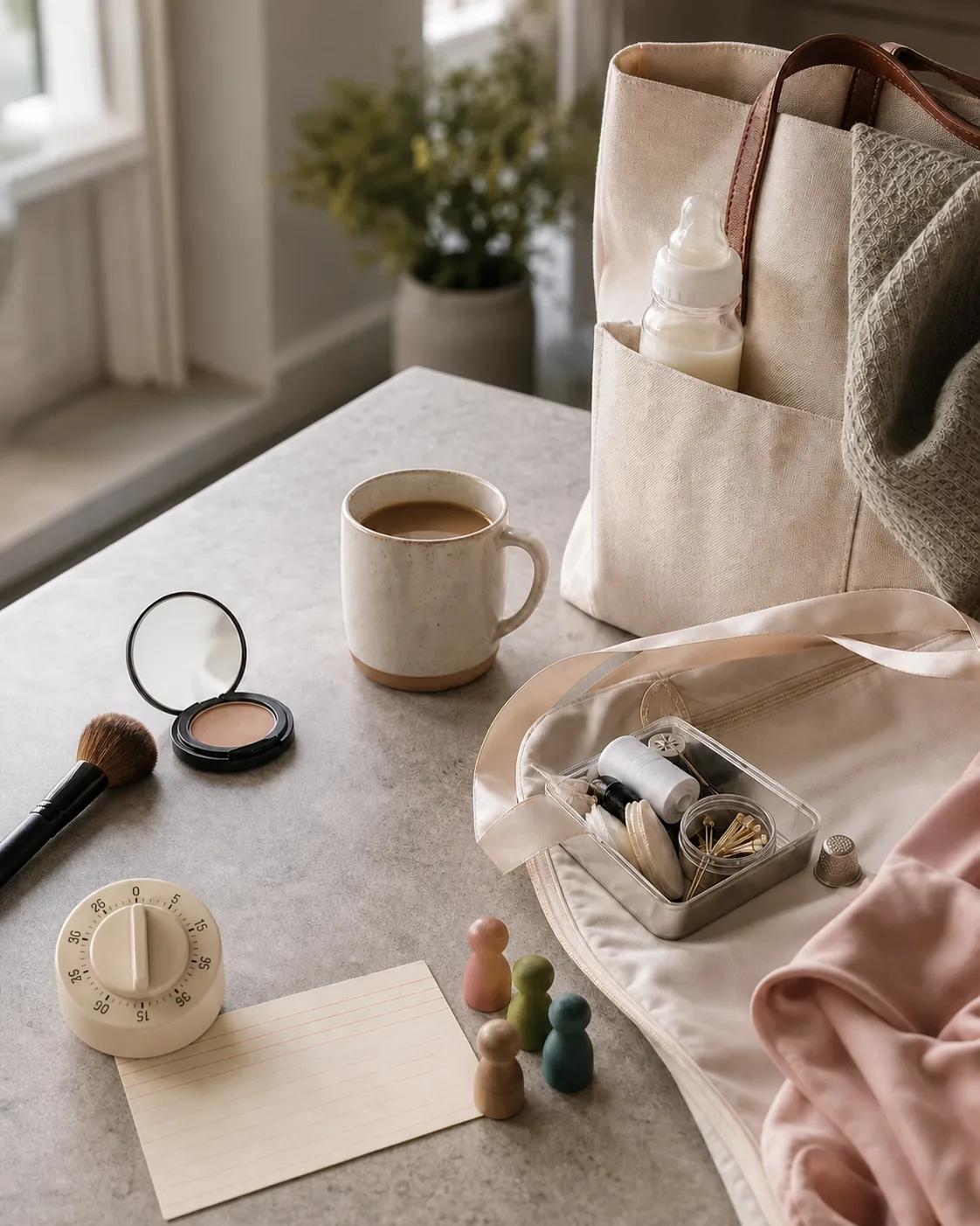 Illustrative tabletop with a diaper bag, coffee, makeup, sewing supplies, a timer, and four wooden figures