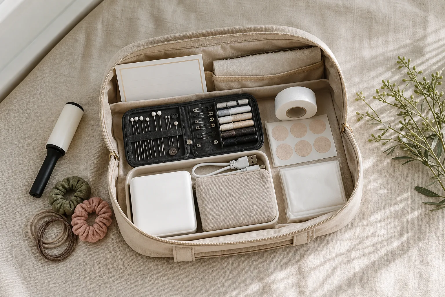 Illustrative pageant preparation kit arranged on a table