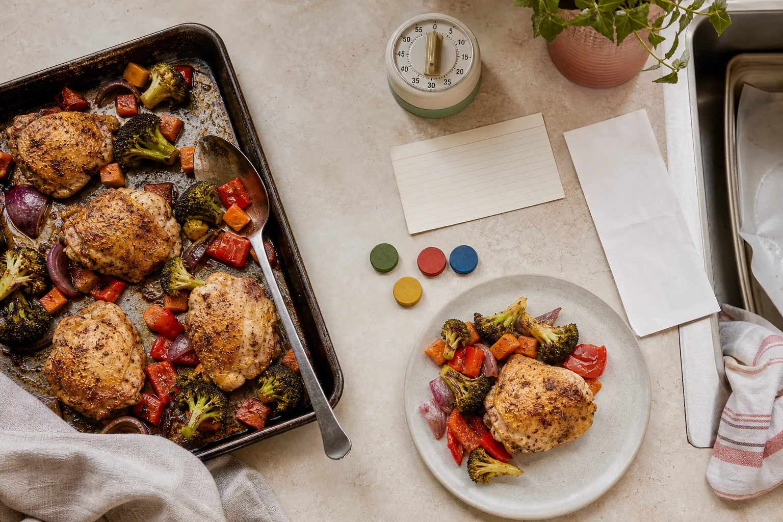 Illustrative weeknight meal ingredients arranged on a counter